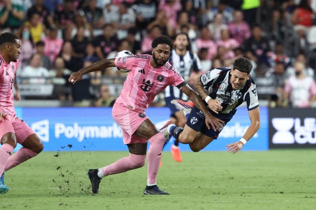 MIAMI, FL - AUGUST 08: Inter Miami CF offense Yannick Bright (42) takes the ball from Monterrey forward German Berterame (7) in the first half during the match between CF Monterrey and Inter Miami on Saturday, August 8, 2026 at NU Stadium in Miami, FL (Photo by Peter Joneleit Icon Sportswire) SOCCER: AUG 08 Leagues Cup Miami vs Monterrey EDITORIAL USE ONLY Icon260808038