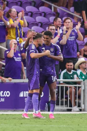 August 8, 2026, Orlando, Florida, USA: Orlando City SC midfielder WILDER CARTAGENA (16) and midfielder MARCO PAA ALIÄ (87) celebrate after PAA ALIÄ scores a goal during the first half against Leon. Orlando City SC hosted Leon in a Leagues Cup march at Inter.Co Stadium in Orlando, FL. Soccer 2026: Leon 2:1 Orlando City SC  - ZUMAm299 20260808_znp_m299_010 Copyright: xTaylorxMcFeex