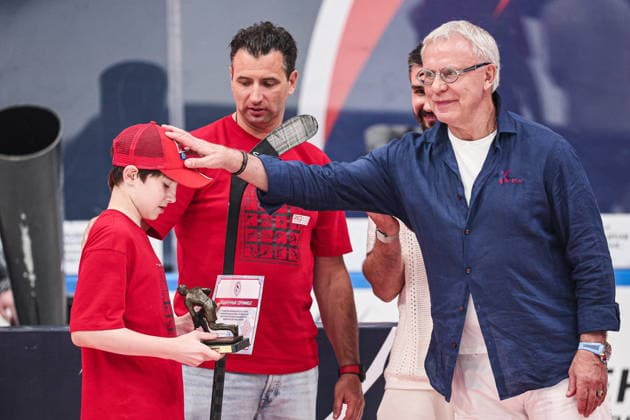 RUSSIA, MYTISHCHI - AUGUST 8, 2026: RIHF First Vice President Roman Rotenberg (L) and Russian State Duma member, retired hockey player Vyachestlav Fetisov (R) are seen during a ceremony to present gift certificates to U12 players after the 2026 Ovi Cup final Ice hockey, Eishockey match in Mytishchi, northeast of Moscow. Ovi Cup is an annual youth ice hockey tournament named after three-time world champion Alexander Ovechkin and first held in 2018 2026 Ovi Cup Final Ice Hockey Match Outside Moscow  - ZUMAt113 20260808_zaa_t113_464 Copyright: xSofyaxSandurskayax