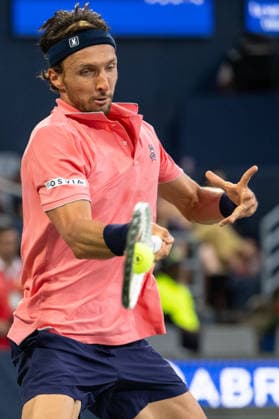 MONTREAL, QC - AUGUST 08: Arthur Rinderknech from France returns the ball against Brandon Nakashima from USA during their singles Round of 16 match on day seven of the ATP, Tennis Herren 1000 National Bank Open presented by Rogers at Stade IGA on August 8, 2026 in Montreal, Quebec, Canada. (Photo by Vincent Ethier Icon Sportswire) TENNIS: AUG 08 National Bank Open EDITORIAL USE ONLY Icon2608080985