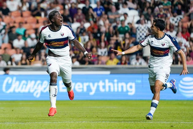 SANDY, UT - AUGUST 08: Jairon Charcopa 15 of Atlante FC celebrates a first half goal with Luis Calzadilla 19 which was later overturned by VAR during the Leagues Cup Phase One match between Atlante FC and Real Salt Lake on August 8, 2026 at America First Field in Sandy, UT. (Photo by Aaron Baker Icon Sportswire) SOCCER: AUG 08 Leagues Cup Salt Lake vs Atlante EDITORIAL USE ONLY Icon260808023