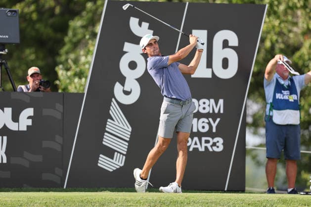 BEDMINSTER, NJ - AUGUST 08: Joaquin Niemann of the LIV Golf League tees off on the 16th tee during the third round of LIV Golf New York on August 8, 2026 at Trump National Golf Club in Bedminster, New Jersey. (Photo by Andrew Mordzynski Icon Sportswire) GOLF: AUG 08 LIV Golf New York EDITORIAL USE ONLY Icon2608088160520