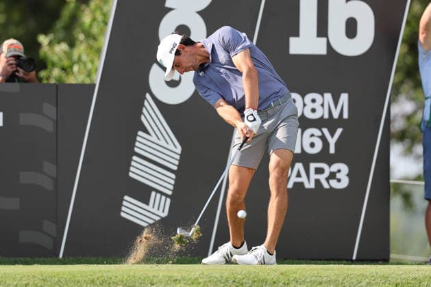 BEDMINSTER, NJ - AUGUST 08: Joaquin Niemann of the LIV Golf League tees off on the 16th tee during the third round of LIV Golf New York on August 8, 2026 at Trump National Golf Club in Bedminster, New Jersey. (Photo by Andrew Mordzynski Icon Sportswire) GOLF: AUG 08 LIV Golf New York EDITORIAL USE ONLY Icon2608088160525