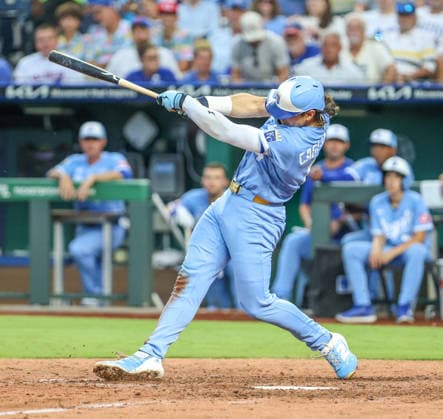 AUG 08, 2026: Kansas City Royals outfielder Jac Caglianone (14) hits a home run in the 7th inning against the Chicago Cubs at Kauffman Stadium Kansas City, MO. CSM MLB, Baseball Herren, USA 2026: Cubs Vs Royals Aug 8th  - ZUMAc04_ 20260808_zma_c04_408 Copyright: xRomanxPunox