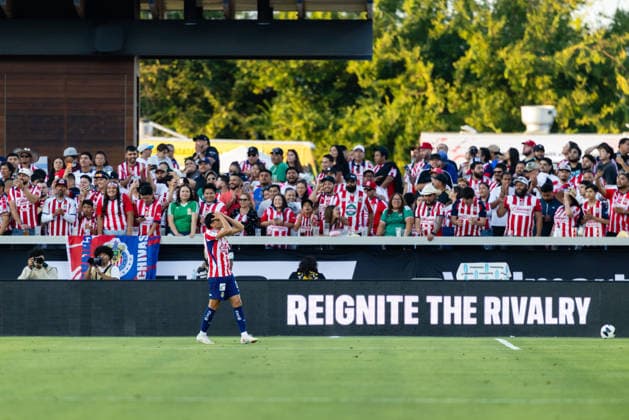 SAN JOSE, CA - AUGUST 08: Richard Ledezma 37 of Chivas de Guadalajara reacts to a missed opportunity during a Leagues Cup Phase One match against FC Dallas on August 8, 2026 at PayPal Park in San Jose, CA. (Photo by Matthew Huang Icon Sportswire) SOCCER: AUG 08 Leagues Cup Chivas de Guadalajara vs Dallas EDITORIAL USE ONLY Icon260808015
