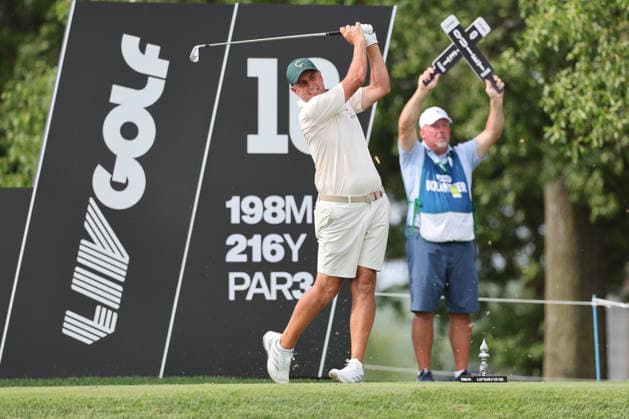 BEDMINSTER, NJ - AUGUST 08: Richard Bland of the LIV Golf League tees off on the 16th hole during the third round of LIV Golf New York on August 8, 2026 at Trump National Golf Club in Bedminster, New Jersey. (Photo by Andrew Mordzynski Icon Sportswire) GOLF: AUG 08 LIV Golf New York EDITORIAL USE ONLY Icon2608088160551