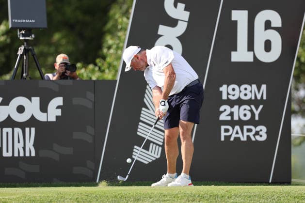 BEDMINSTER, NJ - AUGUST 08: Lee Westwood of the LIV Golf League tees off on the 16th hole during the third round of LIV Golf New York on August 8, 2026 at Trump National Golf Club in Bedminster, New Jersey. (Photo by Andrew Mordzynski Icon Sportswire) GOLF: AUG 08 LIV Golf New York EDITORIAL USE ONLY Icon2608088160555