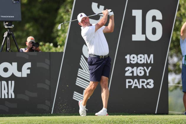 BEDMINSTER, NJ - AUGUST 08: Lee Westwood of the LIV Golf League tees off on the 16th hole during the third round of LIV Golf New York on August 8, 2026 at Trump National Golf Club in Bedminster, New Jersey. (Photo by Andrew Mordzynski Icon Sportswire) GOLF: AUG 08 LIV Golf New York EDITORIAL USE ONLY Icon2608088160557