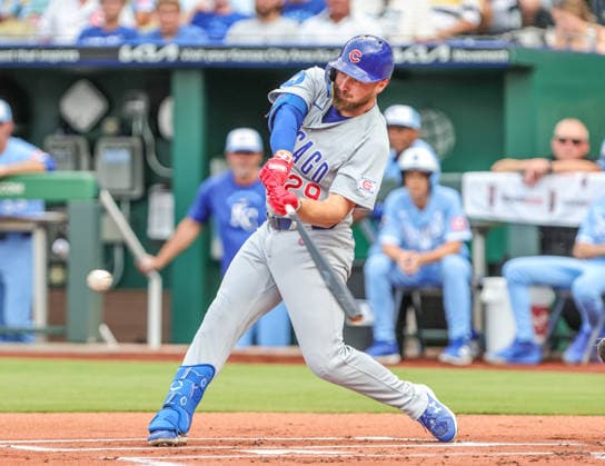 AUG 08, 2026: Chicago Cubs first baseman Michael Busch (29) at bat in the 1st inning against the Kansas City Royals at Kauffman Stadium Kansas City, MO. CSM Kansas City United States - ZUMAc04_ 20260808_zma_c04_404 Copyright: xRomanxPunox
