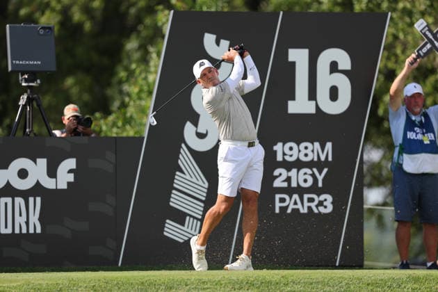 BEDMINSTER, NJ - AUGUST 08: Sergio Garcia of the LIV Golf League tees off on the 16th hole during the third round of LIV Golf New York on August 8, 2026 at Trump National Golf Club in Bedminster, New Jersey. (Photo by Andrew Mordzynski Icon Sportswire) GOLF: AUG 08 LIV Golf New York EDITORIAL USE ONLY Icon2608088160564