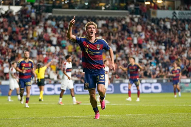 SANDY, UT - AUGUST 08: Zach Booth 23 of Real Salt Lake celebrates a second half goal during the Leagues Cup Phase One match between Atlante FC and Real Salt Lake on August 8, 2026 at America First Field in Sandy, UT. (Photo by Aaron Baker Icon Sportswire) SOCCER: AUG 08 Leagues Cup Salt Lake vs Atlante EDITORIAL USE ONLY Icon260808030