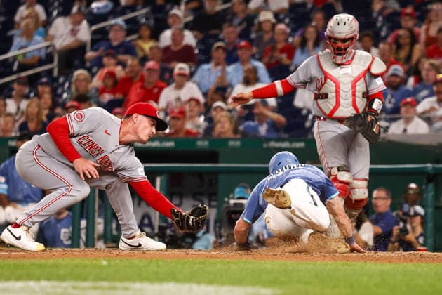 August 8, 2026, Washington D.C, District Of Columbia, United States: Washington, DC; Washington Nationals center fielder Jacob Young (30) is ruled out on a tag at home plate during the Major League Baseball game between the Washington Nationals and the Cincinnati Reds at Nationals Park on Saturday, August 8, 2026. The Nationals beat the Reds 8-2. MLB, Baseball Herren, USA Washington Nationals 8:2 Cincinnati Reds  - ZUMAp258 20260808_znp_p258_065 Copyright: xStevexPrakopex