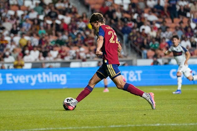 SANDY, UT - AUGUST 08: Sergi Solans 22 of Real Salt Lake passes the ball during the Leagues Cup Phase One match between Atlante FC and Real Salt Lake on August 8, 2026 at America First Field in Sandy, UT. (Photo by Aaron Baker Icon Sportswire) SOCCER: AUG 08 Leagues Cup Salt Lake vs Atlante EDITORIAL USE ONLY Icon260808034