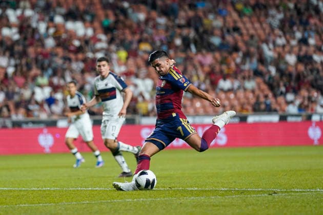 SANDY, UT - AUGUST 08: Pablo Ruiz 7 of Real Salt Lake shoots the ball during the Leagues Cup Phase One match between Atlante FC and Real Salt Lake on August 8, 2026 at America First Field in Sandy, UT. (Photo by Aaron Baker Icon Sportswire) SOCCER: AUG 08 Leagues Cup Salt Lake vs Atlante EDITORIAL USE ONLY Icon260808035