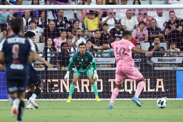 MIAMI, FL - AUGUST 08: Monterrey goalkeeper Luis Cardenas (22) defends in goal as Inter Miami CF offense Yannick Bright (42) attacks with the ball in the first half during the match between CF Monterrey and Inter Miami on Saturday, August 8, 2026 at NU Stadium in Miami, FL (Photo by Peter Joneleit Icon Sportswire) SOCCER: AUG 08 Leagues Cup Miami vs Monterrey EDITORIAL USE ONLY Icon260808067