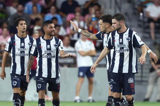 MIAMI, FL - AUGUST 08: Monterrey players celebrate after a goal in the second half during the match between CF Monterrey and Inter Miami on Saturday, August 8, 2026 at NU Stadium in Miami, FL (Photo by Peter Joneleit Icon Sportswire) SOCCER: AUG 08 Leagues Cup Miami vs Monterrey EDITORIAL USE ONLY Icon260808073