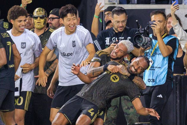 August 8, 2026, Los Angeles, California, USA: Eddie Segura 4 of the Los Angeles Football Club is congratulated by Denis Bouanga 99 as Son Heung-Min 7 watches after scoring a goal in extra time during the Leagues Cup game against the Toluca FC on Saturday August 8, 2026 at the BMO Stadium in Los Angeles, California. LAFC wins 1-0. JAVIER ROJAS PI LAFC Vs. Toluca FC  - ZUMAp124 20260808_zaa_p124_009 Copyright: xJavierxRojasx