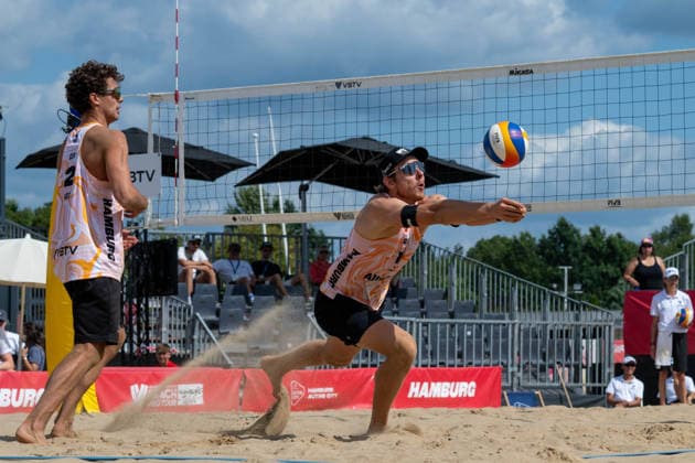 HAMBURG, GERMANY - AUGUST 8: Nils Ehlers (Player No. 1, GER), Lui Wüst (Player No. 2, GER) during the Beach Pro Tour - Elite 16 at Hamburg on August 8, 2026 in Hamburg, Germany. Germany Copyright: xPeterxWeberx