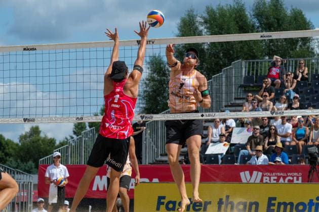 HAMBURG, GERMANY - AUGUST 8: Nils Ehlers (Player No. 1, GER) during the Beach Pro Tour - Elite 16 at Hamburg on August 8, 2026 in Hamburg, Germany. Germany Copyright: xPeterxWeberx