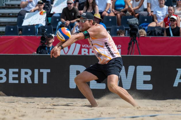 HAMBURG, GERMANY - AUGUST 8: Nils Ehlers (Player No. 1, GER) during the Beach Pro Tour - Elite 16 at Hamburg on August 8, 2026 in Hamburg, Germany. Germany Copyright: xPeterxWeberx
