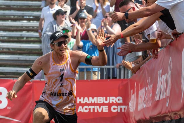 HAMBURG, GERMANY - AUGUST 8: Nils Ehlers (Player No. 1, GER) during the Beach Pro Tour - Elite 16 at Hamburg on August 8, 2026 in Hamburg, Germany. Germany Copyright: xPeterxWeberx