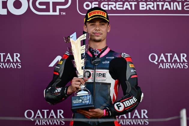 motor racing, Motorsport Moto GP Qatar Airways Grand Prix of Great Britain Moto4 British Cup winner 2026 Ryan Frost of Fibre Tec Honda by Mlav racing during the Moto GP Qatar Airways Grand Prix of Great Britain at Silverstone, Towcester, UK on 9 August 2026. Towcester Silverstone Northamptonshire UK Editorial use only , Copyright: xDennisxGoodwinx PSI-24671-0003