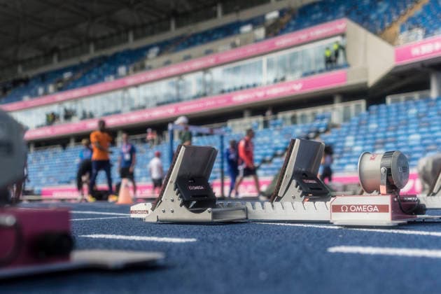 BIRMINGHAM, GREAT BRITAIN - AUGUST 9, 2026 : starting blocks during the warm-up session of the European Athletics Championships at Alexander Stadium on August 9, 2026 in Birmingham, Great Britain. Oregon Great Britain Copyright: xAxelxKohringx