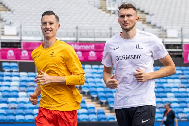 BIRMINGHAM, GREAT BRITAIN - AUGUST 9, 2026 : Kevin BRUCHA (GER Germany) and Simon BATZ (GER Germany) during the training day before the European Athletics Championships at Alexander Stadium on August 9, 2026 in Birmingham, Great Britain. Nordrhein-Westfalen Great Britain Copyright: xLeahxKohringx
