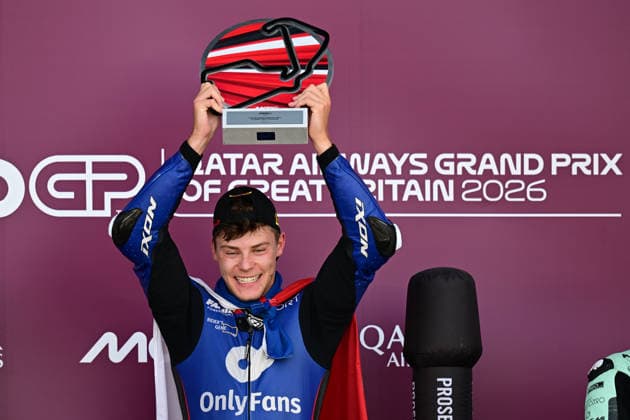 motor racing, Motorsport Moto GP Qatar Airways Grand Prix of Great Britain Race winner Filip Salac of Only Fans American Racing Team holds his trophy during the Moto GP Qatar Airways Grand Prix of Great Britain at Silverstone, Towcester, UK on 9 August 2026. Towcester Silverstone Northamptonshire UK Editorial use only , Copyright: xDennisxGoodwinx PSI-24671-0025
