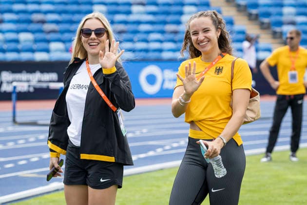 BIRMINGHAM, GREAT BRITAIN - AUGUST 9, 2026 : Lia FLOTOW (GER Germany) and Rosina SCHNEIDER (GER Germany) during the training day before the European Athletics Championships at Alexander Stadium on August 9, 2026 in Birmingham, Great Britain. Nordrhein-Westfalen Great Britain Copyright: xLeahxKohringx