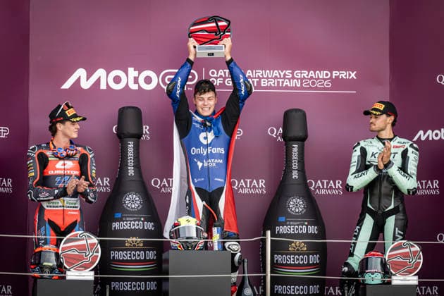 RECORD DATE NOT STATED 9th August 2026; Silverstone Circuit, Northamptonshire, England; 2026 MotoGP Grand Prix of Great Britain, Race Day; Filip Salac of the OnlyFans American Racing Team celebrates winning the Qatar Airways British Grand Prix Moto2 race with Ivan Ortola of the QJMotor El Motorista MSI team in second and Alex Escrig of the Klint Racing Team in third GodfreyxPitt
