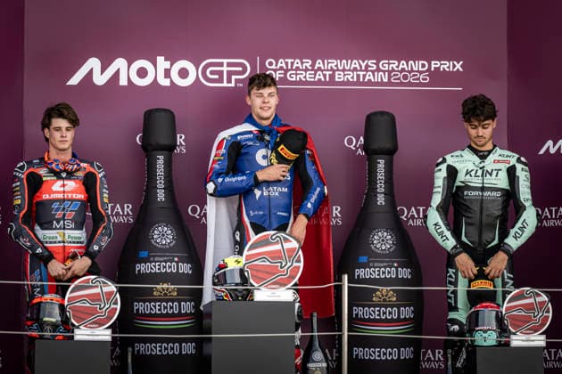 RECORD DATE NOT STATED 9th August 2026; Silverstone Circuit, Northamptonshire, England; 2026 MotoGP Grand Prix of Great Britain, Race Day; Filip Salac of the OnlyFans American Racing Team celebrates winning the Qatar Airways British Grand Prix Moto2 race with Ivan Ortola of the QJMotor El Motorista MSI team in second and Alex Escrig of the Klint Racing Team in third GodfreyxPitt