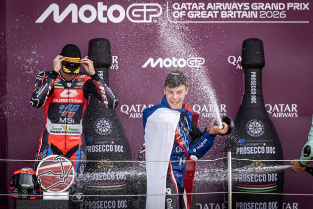 RECORD DATE NOT STATED 9th August 2026; Silverstone Circuit, Northamptonshire, England; 2026 MotoGP Grand Prix of Great Britain, Race Day; Filip Salac of the OnlyFans American Racing Team celebrates winning the Qatar Airways British Grand Prix Moto2 race GodfreyxPitt