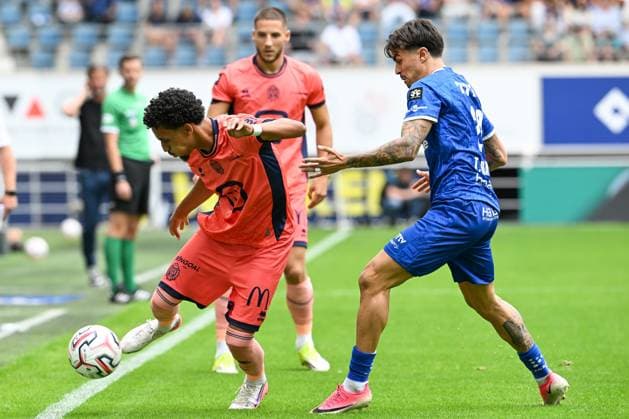 Mechelen s Bilal Bafdili and Gent s Filipe Alves Tiago pictured in action at a soccer match between KAA Gent and KV Mechelen, Sunday 9 August 2026 in Gent, on day 1 of the 2026-2027 Jupiler Pro League first division of the Belgian championship. JILLxDELSAUX  x183010676x
