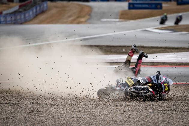 RECORD DATE NOT STATED 9th August 2026; Silverstone Circuit, Northamptonshire, England; 2026 MotoGP Grand Prix of Great Britain, Race Day; Tony Arbolino of Red Fanatic Racing crashes in the Qatar Airways British Grand Prix Moto2 race GodfreyxPitt