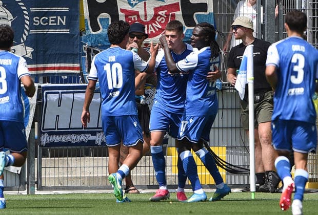09.08.2026, xhbx, Fussball 3.Liga, TSG 1899 Hoffenheim U23 - Hansa Rostock v.l. Torjubel, Goal celebration, celebrate the goal 2:2 durch Jakov Dedic (TSG 1899 Hoffenheim U23) (DFL DFB REGULATIONS PROHIBIT ANY USE OF PHOTOGRAPHS as IMAGE SEQUENCES and or QUASI-VIDEO) Hoffenheim *** August 9, 2026, xhbx, Soccer 3rd Division, TSG 1899 Hoffenheim U23 vs. Hansa Rostock – Goal celebration, Goal celebration, celebrating the goal—2–2 by Jakov Dedic, TSG 1899 Hoffenheim U23. DFL and DFB regulations prohibit any use of photographs as image sequences and or quasi-video. Hoffenheim