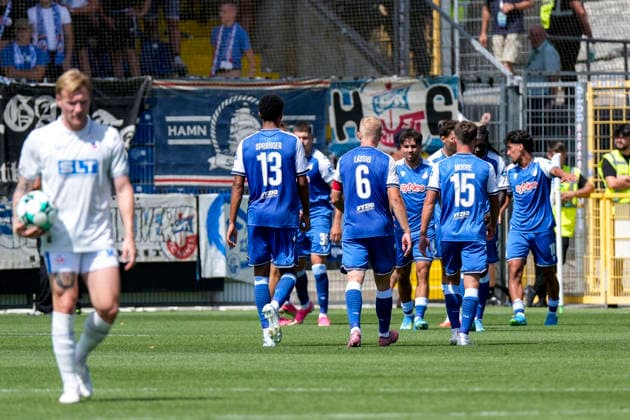 Spieler der TSG 1899 Hoffenheim II (U23), jubeln über das Tor zum 2:2, Jubel, Torjubel, Torerfolg, celebrate the goal, goal, celebration, jubelt ueber das Tor, Freuen, Freude, freut sich, optimistisch, positiv, Spielszene, Highlight, Action, Aktion, 09.08.2026, Sinsheim (Deutschland), Fussball, 3. Liga, TSG 1899 Hoffenheim II - Hansa Rostock, DFB DFL REGULATIONS PROHIBIT ANY USE OF PHOTOGRAPHS AS IMAGE SEQUENCES AND OR QUASI-VIDEO. *** Players from TSG 1899 Hoffenheim II U23 celebrate the goal that tied the game at 2–2, Celebration, goal celebration, scoring a goal, celebrate the goal, goal, celebration, celebrating the goal, joy, happiness, happy, optimistic, positive, game scene, highlight, action, 09 08 2026, Sinsheim, Germany, soccer, 3. Liga, TSG 1899 Hoffenheim II vs. Hansa Rostock, DFB and DFL regulations prohibit any use of photographs as image sequences and or quasi-video xozx