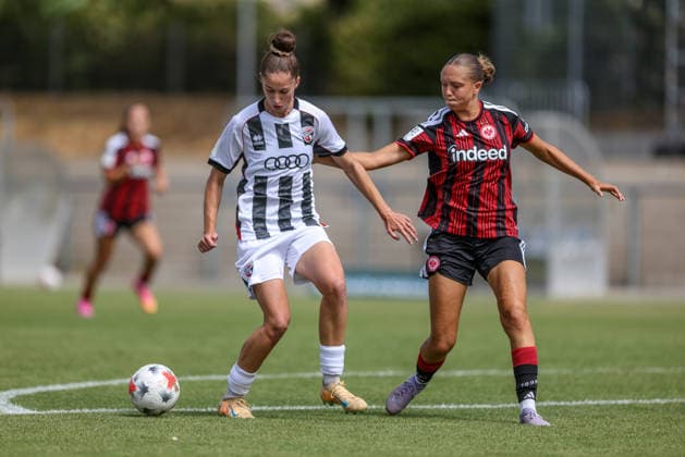 GER, Frankfurt, Eintracht Frankfurt II vs FC Ingolstadt, DFB, 2. Bundesliga, Fussball, Spielzeit 2026 2027, Stadion am Brentanobad, 2. Spieltag im Bild v.l.: Emma Kusch (FC Ingolstadt 04 9), Ronja Schaer (Eintracht Frankfurt Frauen II 13) DFB DFL REGULATIONS PROHIBIT ANY USE OF PHOTOGRAPHS AS IMAGE SEQUENCES AND OR QUASI-VIDEO, 09.08.2026 *** GER, Frankfurt, Eintracht Frankfurt II vs. FC Ingolstadt, DFB, 2. Bundesliga, Soccer, 2026–2027 Season, Stadion am Brentanobad, Matchday 2 in pictures (from left): Emma Kusch, FC Ingolstadt 04 9, Ronja Schaer, Eintracht Frankfurt Women II 13. DFB and DFL regulations prohibit any use of photographs as image sequences and or quasi-video. August 9, 2026 Copyright: HMBxMedia HendrikxHamelau