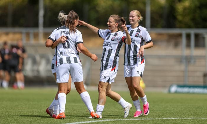 GER, Frankfurt, Eintracht Frankfurt II vs FC Ingolstadt, DFB, 2. Bundesliga, Fussball, Spielzeit 2026 2027, Stadion am Brentanobad, 2. Spieltag im Bild: Carina Wüst (FC Ingolstadt Frauen 14) erzielt den ersten Treffer und das 0:1, Tor, Jubel und Freude, Emotionen, Laura Frank (FC Ingolstadt 04 6) DFB DFL REGULATIONS PROHIBIT ANY USE OF PHOTOGRAPHS AS IMAGE SEQUENCES AND OR QUASI-VIDEO, 09.08.2026 *** GER, Frankfurt, Eintracht Frankfurt II vs. FC Ingolstadt, DFB, 2. Bundesliga, Soccer, 2026–2027 Season, Stadion am Brentanobad, Matchday 2 in pictures: Carina Wüst of FC Ingolstadt Women’s U-14 scores the first goal, making it 0–1; goal, celebration, joy, emotions, Laura Frank, FC Ingolstadt 04. 6. DFB and DFL regulations prohibit any use of photographs as image sequences and or quasi-video. August 9, 2026 Copyright: HMBxMedia HendrikxHamelau