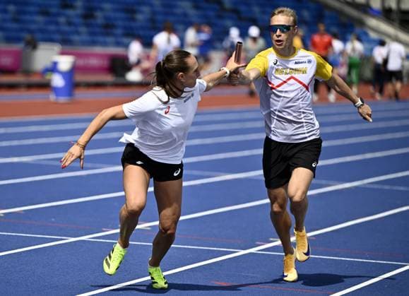 Belgian Kylie Lambert and Belgian Florent Mabille pictured in action during a training session in preparation of the European Athletics Championships (August 10ï¿½18), in Birmingham, United Kingdom, on Sunday 09 August 2026. ERICxLALMAND  x183014323x