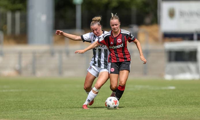 GER, Frankfurt, Eintracht Frankfurt II vs FC Ingolstadt, DFB, 2. Bundesliga, Fussball, Spielzeit 2026 2027, Stadion am Brentanobad, 2. Spieltag im Bild v.l.: Jenny Beyer (FC Ingolstadt 04 8), Mia Büchele (Eintracht Frankfurt Frauen II ), Zweikampf DFB DFL REGULATIONS PROHIBIT ANY USE OF PHOTOGRAPHS AS IMAGE SEQUENCES AND OR QUASI-VIDEO, 09.08.2026 *** GER, Frankfurt, Eintracht Frankfurt II vs. FC Ingolstadt, DFB, 2. Bundesliga, Soccer, 2026–2027 Season, Stadion am Brentanobad, Matchday 2 in pictures (from left): Jenny Beyer, FC Ingolstadt 04 8, Mia Büchele, Eintracht Frankfurt Women II, tackle. DFB and DFL regulations prohibit any use of photographs as image sequences and or quasi-video, August 9, 2026 Copyright: HMBxMedia HendrikxHamelau