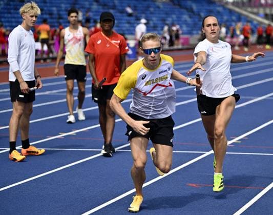 Belgian Florent Mabille and Belgian Kylie Lambert pictured in action during a training session in preparation of the European Athletics Championships (August 10ï¿½18), in Birmingham, United Kingdom, on Sunday 09 August 2026. ERICxLALMAND  x183015196x