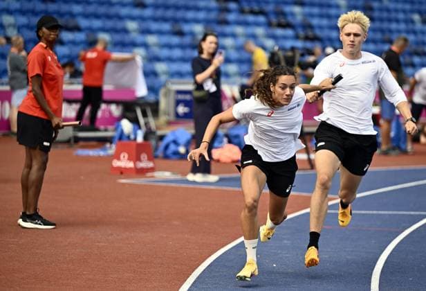 Belgian athlete Ilana Hanssens and Belgian Adrien Quartier pictured in action during a training session in preparation of the European Athletics Championships (August 10ï¿½18), in Birmingham, United Kingdom, on Sunday 09 August 2026. ERICxLALMAND  x183015550x
