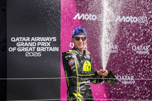Raul Fernandez (Spain) of the SuperFile Trackhouse MotoGP Team ( 25) celebrates on the podium after winning the MotoGP Race at Round 12 of the 2026 Qatar Airways Grand Prix of Great Britain at Silverstone Circuit, Towcester, England on the 9 August 2026.  Copyright: xDavidxHornx PMI-7310-0262