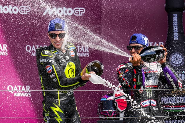 Raul Fernandez (Spain) of the SuperFile Trackhouse MotoGP Team ( 25) celebrates on the podium after winning the MotoGP Race at Round 12 of the 2026 Qatar Airways Grand Prix of Great Britain at Silverstone Circuit, Towcester, England on the 9 August 2026.  Copyright: xDavidxHornx PMI-7310-0263