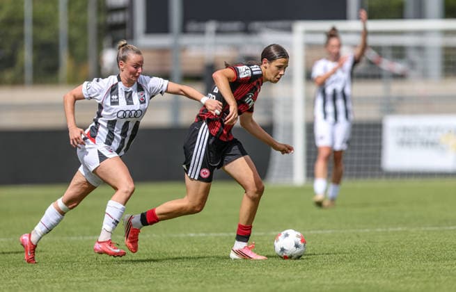 GER, Frankfurt, Eintracht Frankfurt II vs FC Ingolstadt, DFB, 2. Bundesliga, Fussball, Spielzeit 2026 2027, Stadion am Brentanobad, 2. Spieltag im Bild v.l.: Jenny Beyer (FC Ingolstadt 04 8), Anni Kuhl (Eintracht Frankfurt II 14) DFB DFL REGULATIONS PROHIBIT ANY USE OF PHOTOGRAPHS AS IMAGE SEQUENCES AND OR QUASI-VIDEO, 09.08.2026 *** GER, Frankfurt, Eintracht Frankfurt II vs. FC Ingolstadt, DFB, 2. Bundesliga, Soccer, 2026–2027 Season, Stadion am Brentanobad, Matchday 2 in pictures (from left): Jenny Beyer, FC Ingolstadt 04 8, Anni Kuhl, Eintracht Frankfurt II 14. DFB and DFL regulations prohibit any use of photographs as image sequences and or quasi-video. August 9, 2026 Copyright: HMBxMedia HendrikxHamelau