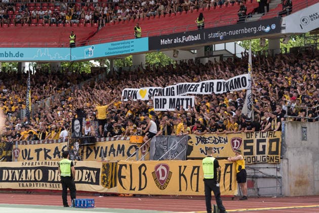 Choreo der Gaestefans aus Dresden, GER, 1. FC Nuernberg vs. Dynamo Dresden, Fussball, 2. Bundesliga, 1. Spieltag, Saison 2026 2027, 09.08.2026, DFL REGULATIONS PROHIBIT ANY USE OF PHOTOGRAPHS AS IMAGE SEQUENCES AND OR QUASI-VIDEO, GER, 1. FC Nuernberg vs. Dynamo Dresden, Fussball, 2. Bundesliga, 1. Spieltag, Saison 2026 2027, 09.08.2026, Nuernberg *** Choreography by the visiting fans from Dresden, GER, 1. FC Nuremberg vs. Dynamo Dresden, soccer, 2. Bundesliga, Matchday 1, 2026–2027 season, August 9, 2026, DFL regulations prohibit any use of photographs as image sequences and or quasi-video, GER, 1. FC Nuremberg vs. Dynamo Dresden, soccer, 2. Bundesliga, Matchday 1, 2026–2027 season, August 9, 2026, Nuremberg Copyright: xEibner-Pressefoto MaxxVogelx EP_MVL
