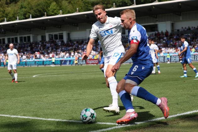 v. li. im Zweikampf, Florian Carstens (FC Hansa Rostock, 17),Valentin Laessig (TSG Hoffenheim II, 6) GER, TSG Hoffenheim II - Hansa Rostock Fussball 1.Spieltag Spielzeit 2026 2027 3.Liga 09.08.2026 (DFL DFB REGULATIONS PROHIBIT ANY USE OF PHOTOGRAPHS as IMAGE SEQUENCES and or QUASI-VIDEO). GER TSG Hoffenheim II - Hansa Rostock Fussball 1.Spieltag Spielzeit 2026 2027 09.08.2026 Hoffenheim *** From left in a one-on-one duel: Florian Carstens (FC Hansa Rostock), 17; Valentin Laessig (TSG Hoffenheim II), 6 (GER), TSG Hoffenheim II vs. Hansa Rostock Soccer Matchday 1, 2026–2027 Season, 3rd League, September 8, 2026. DFL and DFB regulations prohibit any use of photographs as image sequences and or quasi-VVIDEO GER TSG Hoffenheim II Hansa Rostock Soccer Matchday 1 Season 2026–2027 August 9, 2026 Hoffenheim Copyright: xEibner-Pressefoto JoergxHirschx EP_JHH