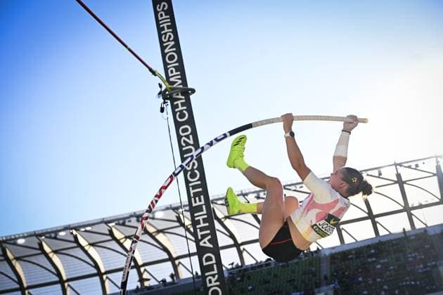 Belgian Kyani Joosten in action during the pole vault event at the World Athletics U20 Championships, Sunday 9 August 2026, in Eugene, USA. The world championships take place from 5 to 9 August. THOMASxWINDESTAM  x183018213x