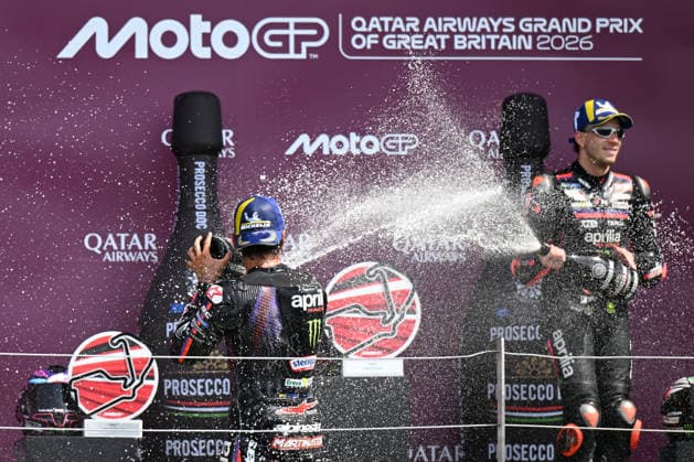 RECORD DATE NOT STATED 9th August 2026; Silverstone Circuit, Northamptonshire, England; 2026 MotoGP Grand Prix of Great Britain, Race Day; Jorge Martin of Aprilia Racing and Marco Bezzecchi of Aprilia Racing with Prosecco SimonxWest